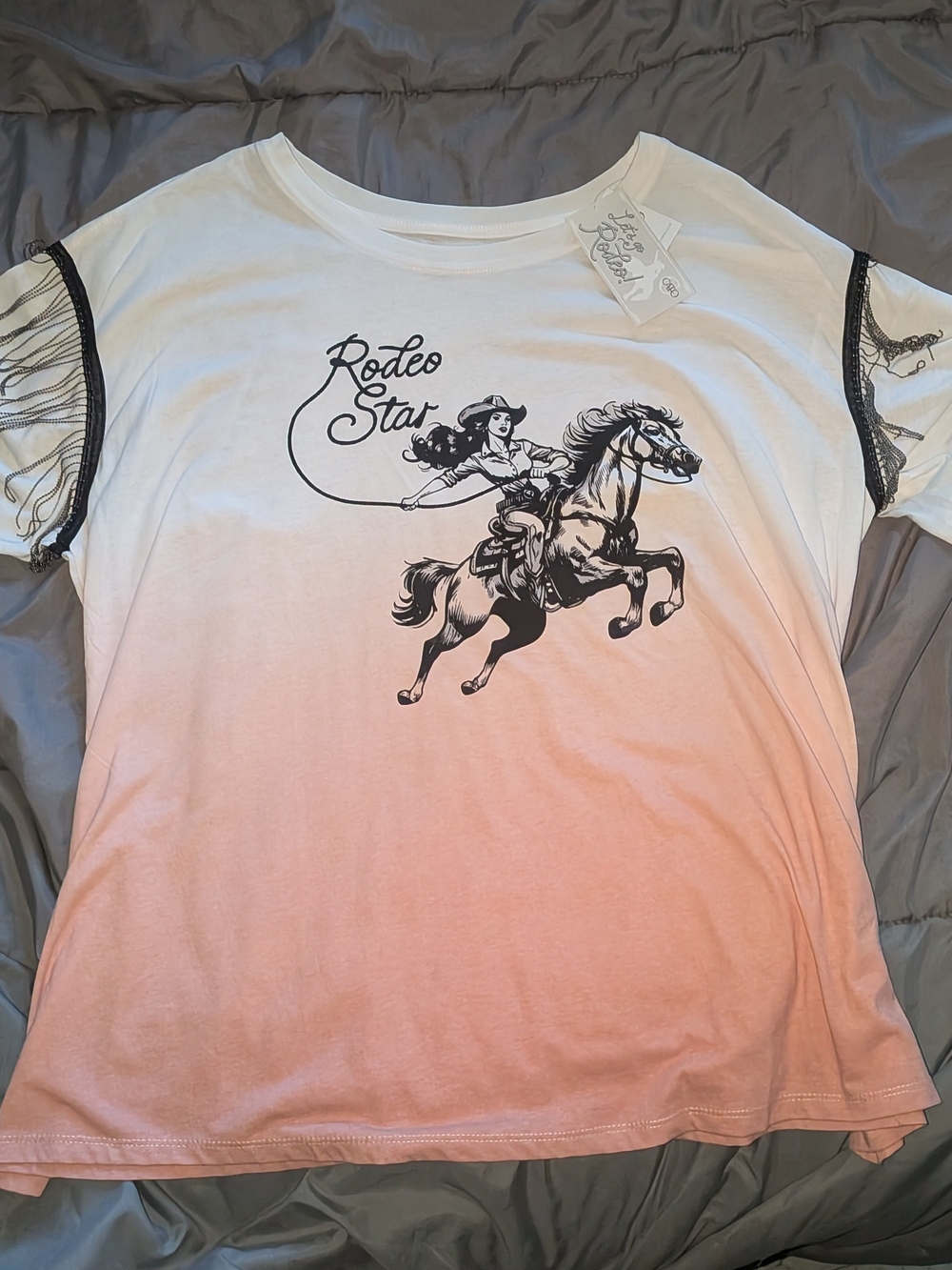 Cato White to Pink Ombre Rodeo Star Tee with Black Fringe Sleeves